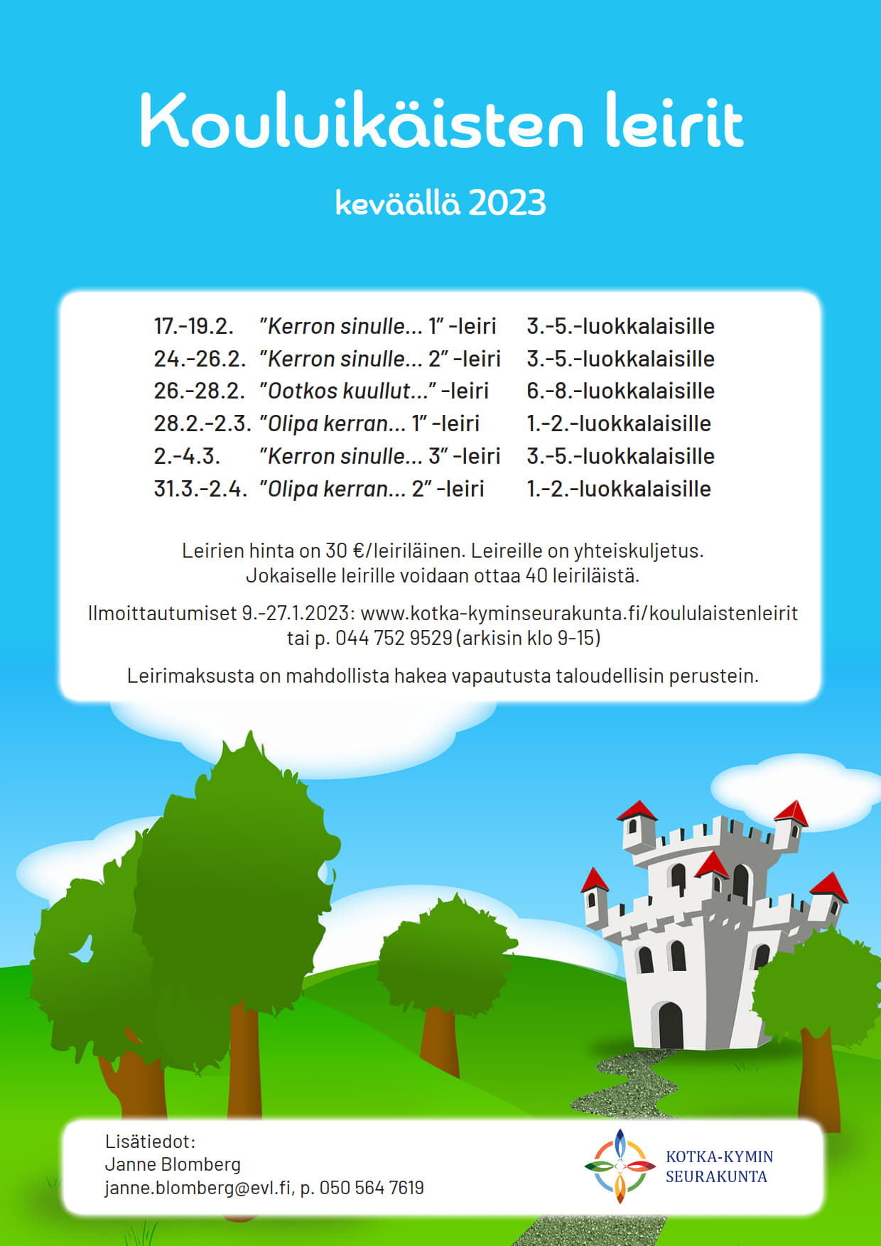 Mainos kouluikäisille suunnatuista leireistä keväällä 2023. Kuvassa linna ja metsää.