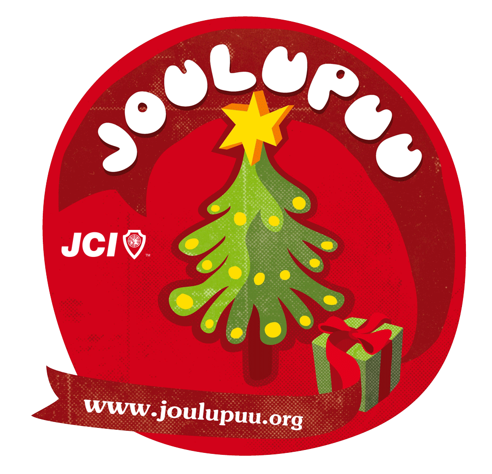 Joulupuukeräyksen logo, pyöreällä taustalla piirretty joulukuusi, lahjapaketti ja teksti Joulupuu.
