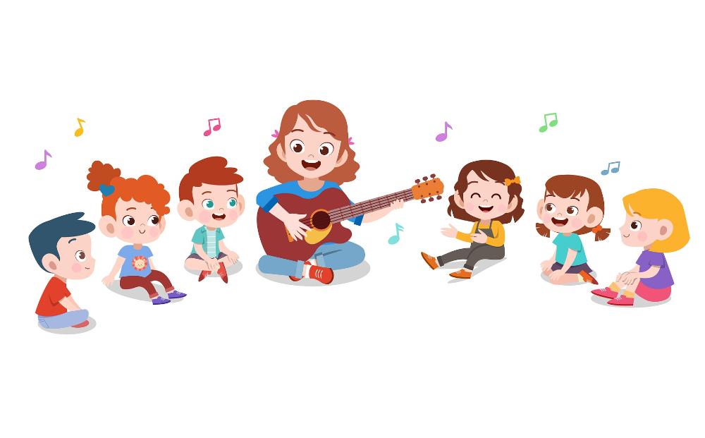 Piirroskuva, jossa kitaraa soittava aikuinen ja ympärillä istuvat lapset laulavat.