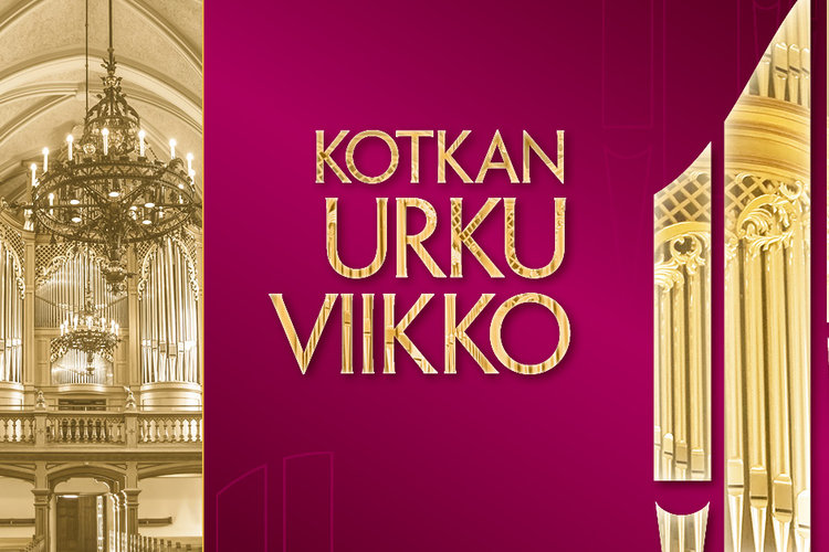 Kotkan urkuviikon tapahtumailme. Purppuranpunaisella taustalla teksti Kotkan urkuviikko.
