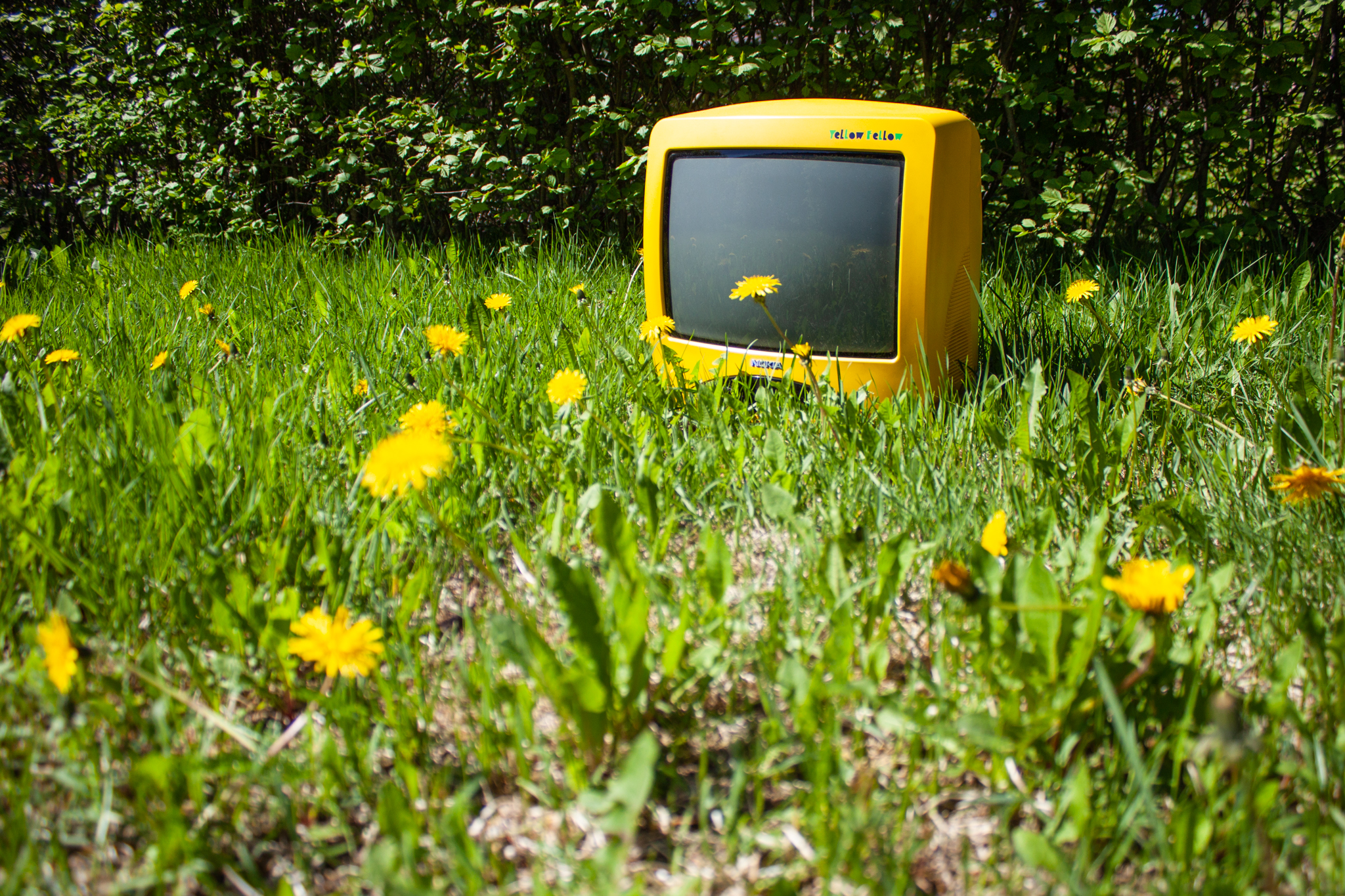Kuvituskuva, nurmikolla vanha telkkari.