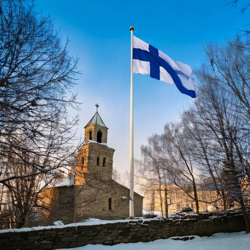 Firefly Suomen lippu liehumassa lipputangossa. Taustalla vanha keskiaikainen kivikirkko sekä puita, .jpg