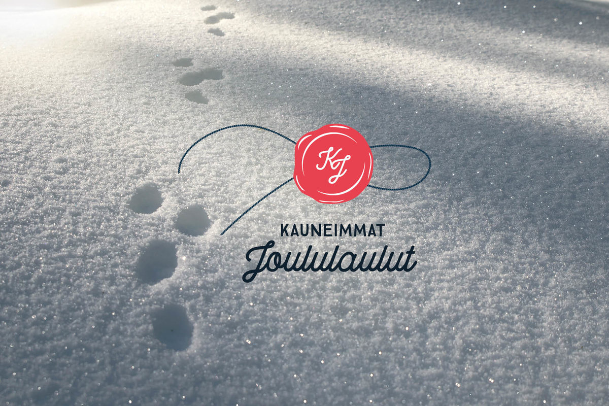 Lumihanki, jossa jäniksen jäljet. Päällä Kauneimmat joululaulut -logo.