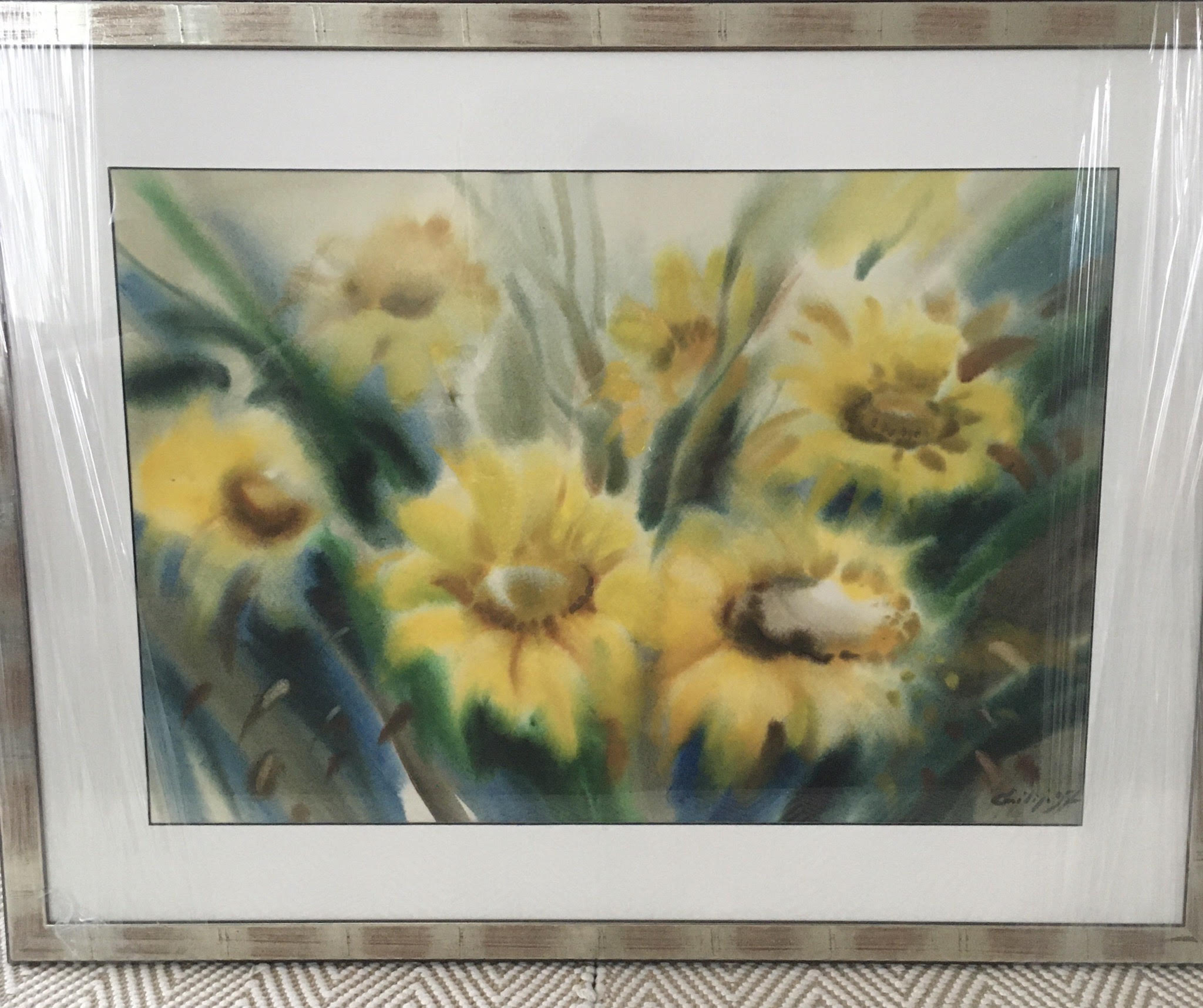 Avaa kuva isommaksi Tuntenmaton liettualainen taiteiija Auringonkukat akvarelli 93 x 70 cm